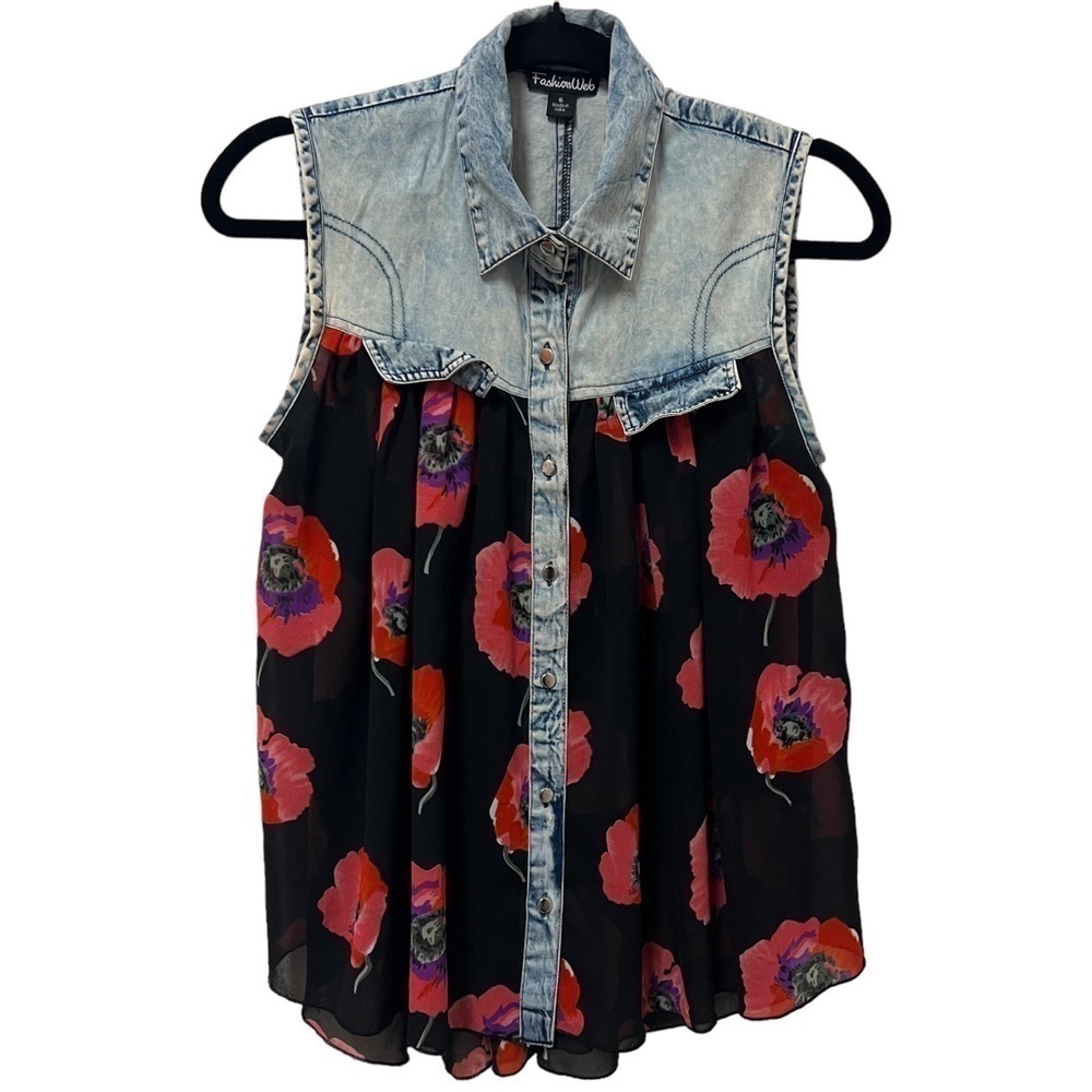 FASHION WEB Mixed Media Denim Sheer Collared Sleeveless Button Blouse, Small